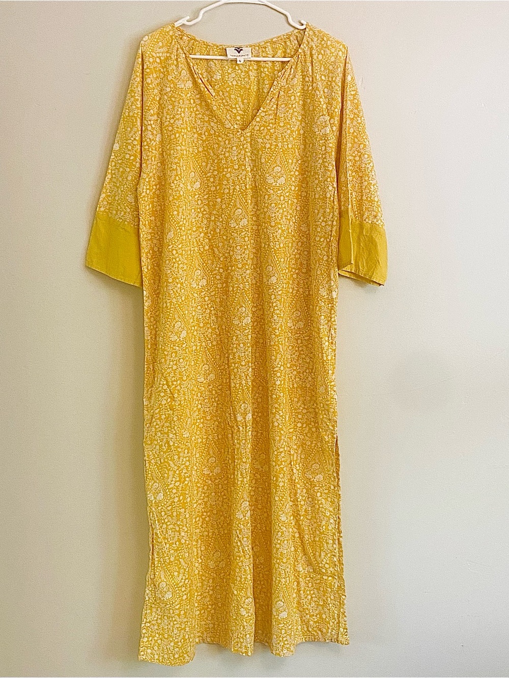 Pomegranate sunlight Yellow Batik Floral  V-Neck  Indian Cotton Maxi Dress